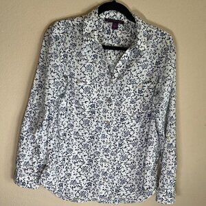 Gloria Vanderbilt Women's Blue and White Shirt, Size Medium